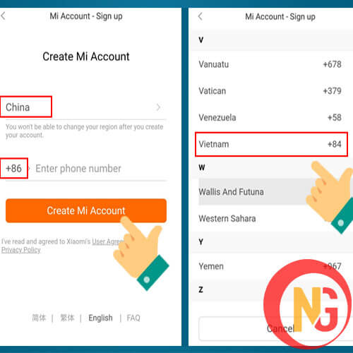 Chọn khu vực và mã vùng Chọn khu vực và mã vùng