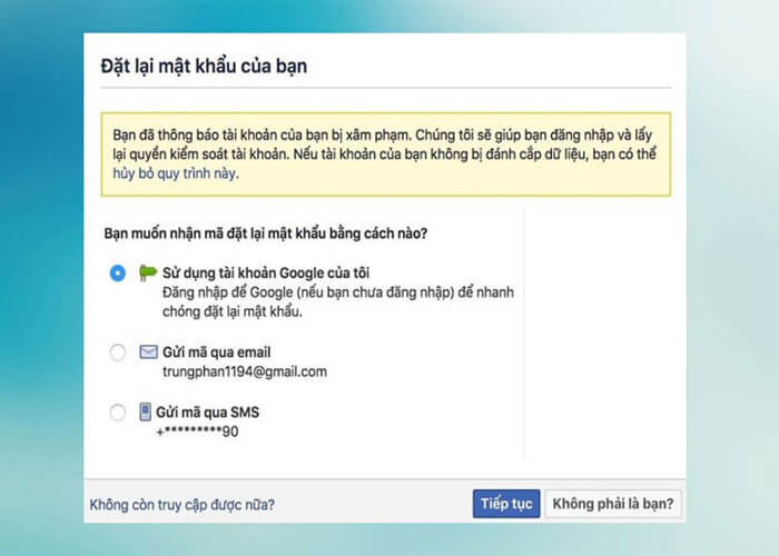 Chọn đặt lại bằng email hoặc số điện thoại và chọn tiếp tục
