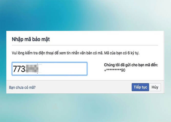 Nhập mã fb vừa gửi và chọn tiếp tục