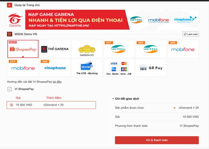 Nạp thẻ Garena thông qua ví Shopee Pay