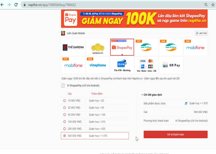 Nạp thẻ game Garena qua trang web napthe.vn